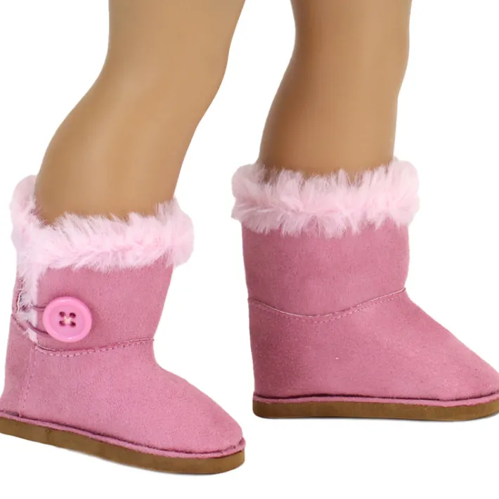 Kids Teamson Sophia’s Faux Suede Boots with Faux Fur and Side Button for 18" Dolls, Pink