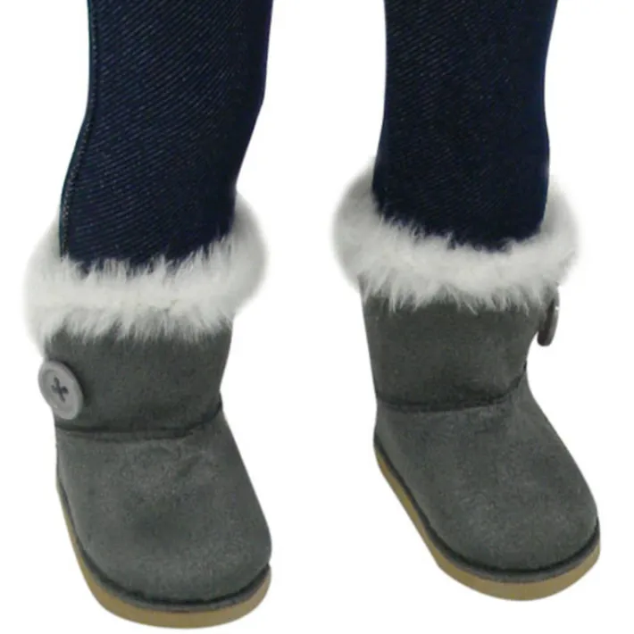Kids Teamson Sophia’s Faux Suede Boots with Faux Fur and Side Button for 18" Dolls, Gray