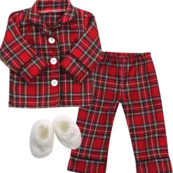 Kids Teamson Sophia's Flannel Pajama and Fuzzy Slippers for 18'' Dolls, Red/Black/White