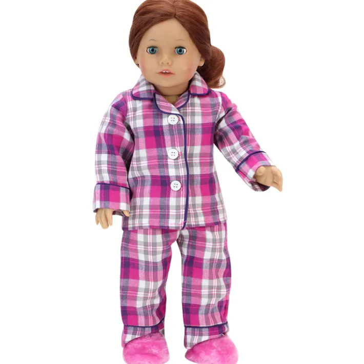 Kids Teamson Sophia's Flannel Pajama and Fuzzy Slippers for 18'' Dolls, Pink/Purple/White