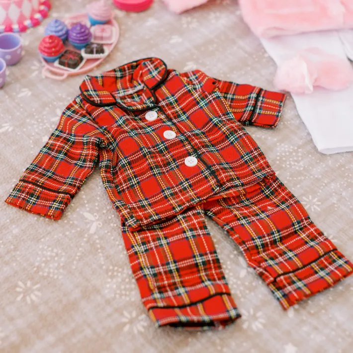 Kids Teamson Sophia's Flannel Pajama and Fuzzy Slippers for 18'' Dolls, Red/Black/White