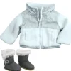 Kids Teamson Sophia's Fleece Zip-Up Jacket with Faux Suede Ewe Boots for 18" Dolls, White/Gray