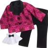 Kids Teamson Sophia's Floral Print Satin Blazer, White Dickie with Bow Tie, and Dress Pants for 18"Dolls, Magenta/Black- FINAL SALE