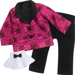 Kids Teamson Sophia's Floral Print Satin Blazer, White Dickie with Bow Tie, and Dress Pants for 18"Dolls, Magenta/Black- FINAL SALE