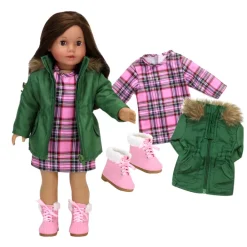 Kids Teamson Sophia's Fur Trimmed Green Parka, Pink Plaid Dress, and Lace-Up Pink Boots for 18