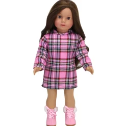Kids Teamson Sophia's Fur Trimmed Green Parka, Pink Plaid Dress, and Lace-Up Pink Boots for 18