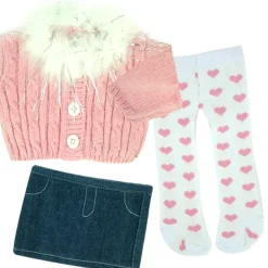 Kids Teamson Sophia's Fur Trimmed Pink Cardigan, Denim Skirt and Heart Print Tightsfor 18" Dolls