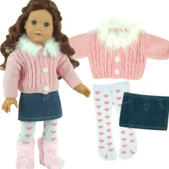 Kids Teamson Sophia's Fur Trimmed Pink Cardigan, Denim Skirt and Heart Print Tightsfor 18" Dolls