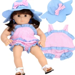 Kids Teamson Sophia's Gingham Summer Romper and Hat for 15'' Baby Dolls, Pink/Blue