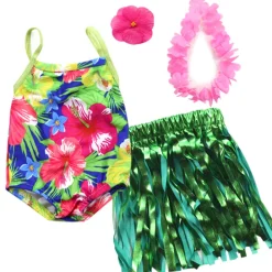 Kids Teamson Sophia's Hawaiian Hibiscus Print Bathing Suit, Grass Skirt, Lei and Hair Flower for 18'' Dolls, Multi
