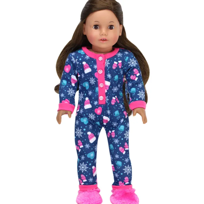 Kids Teamson Sophia’s Hot Cocoa Print Long-Sleeved Onesie with Fuzzy Slippers for 18” Dolls, Navy/Hot Pink