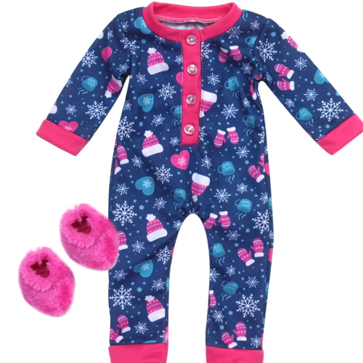 Kids Teamson Sophia’s Hot Cocoa Print Long-Sleeved Onesie with Fuzzy Slippers for 18” Dolls, Navy/Hot Pink