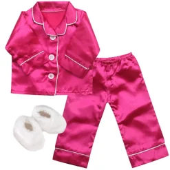 Kids Teamson Sophia's Hot Pink Satin Pajamas and White Fuzzy Slippers Set for 18" Dolls