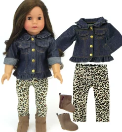 Kids Teamson Sophia's Jean Jacket, Cheetah Print Leggings, and Brown Faux Suede Booties for 18