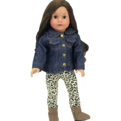Kids Teamson Sophia's Jean Jacket, Cheetah Print Leggings, and Brown Faux Suede Booties for 18