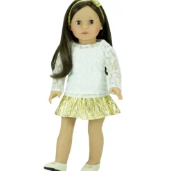 Kids Teamson Sophia's Long-Sleeve Lace Shirt, Gold Tutu Skirt and Matching Headband for 18" Dolls, Ivory/Gold- FINAL SALE