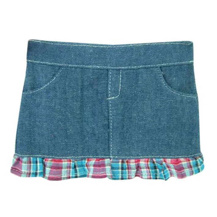 Kids Teamson Sophia’s Long-Sleeved C"ed Tee & Denim Skirt with Plaid Ruffle Trim for 18” Dolls, Hot Pink/Blue