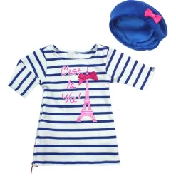 Kids Teamson Sophia's Long-Sleeved Striped Eiffel Tower T-Shirt Dress and Velour Beret for 18" Dolls, Royal Blue/White- FINAL SALE
