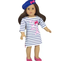 Kids Teamson Sophia's Long-Sleeved Striped Eiffel Tower T-Shirt Dress and Velour Beret for 18" Dolls, Royal Blue/White- FINAL SALE