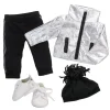 Kids Teamson Sophia's Metallic Zip-Up Jacket, Black Side Stripe Joggers, Sneakers, & Pom Pom Hat for 18" Dolls, Silver/Black- FINAL SALE