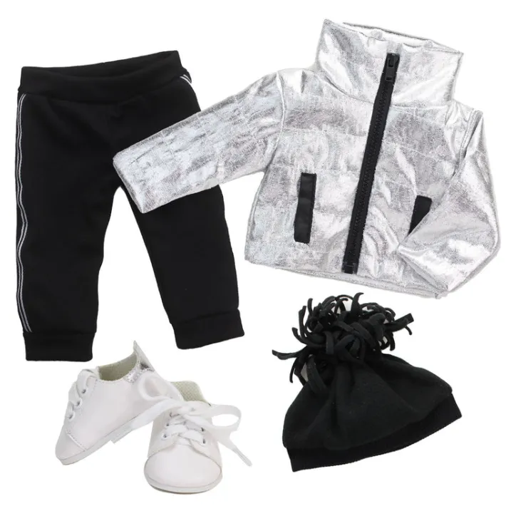 Kids Teamson Sophia's Metallic Zip-Up Jacket, Black Side Stripe Joggers, Sneakers, & Pom Pom Hat for 18" Dolls, Silver/Black- FINAL SALE