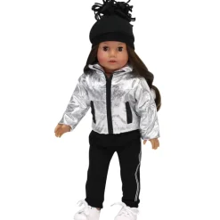 Kids Teamson Sophia's Metallic Zip-Up Jacket, Black Side Stripe Joggers, Sneakers, & Pom Pom Hat for 18