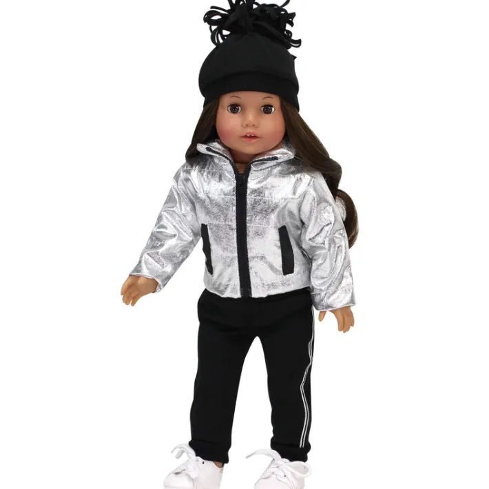 Kids Teamson Sophia's Metallic Zip-Up Jacket, Black Side Stripe Joggers, Sneakers, & Pom Pom Hat for 18" Dolls, Silver/Black- FINAL SALE