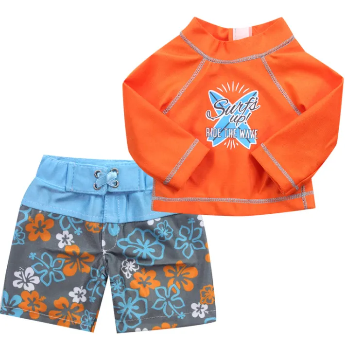 Kids Teamson Sophia's Orange Surf Shirt and Blue/Gray Floral Swim Trunks for 18" Dolls