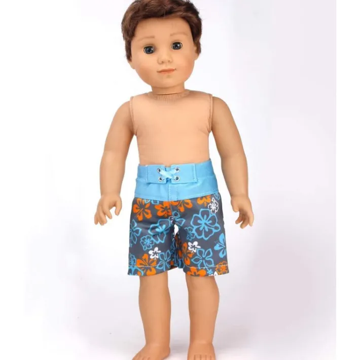 Kids Teamson Sophia's Orange Surf Shirt and Blue/Gray Floral Swim Trunks for 18" Dolls