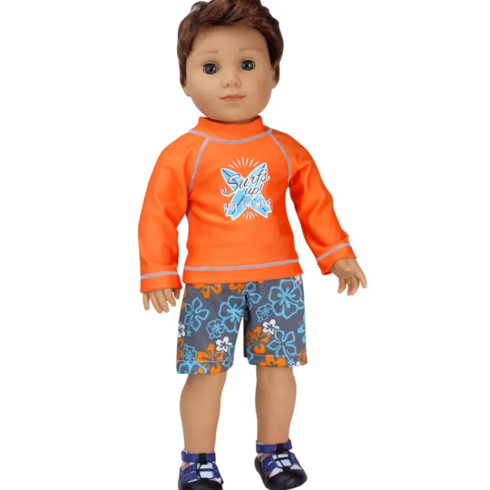 Kids Teamson Sophia's Orange Surf Shirt and Blue/Gray Floral Swim Trunks for 18" Dolls