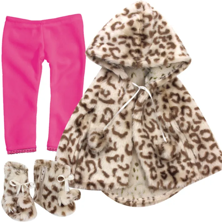 Kids Teamson Sophia's 3-Piece Animal Print Faux Fur Cape and Matching Boots with Hot Pink Leggings for 18" Dolls- FINAL SALE