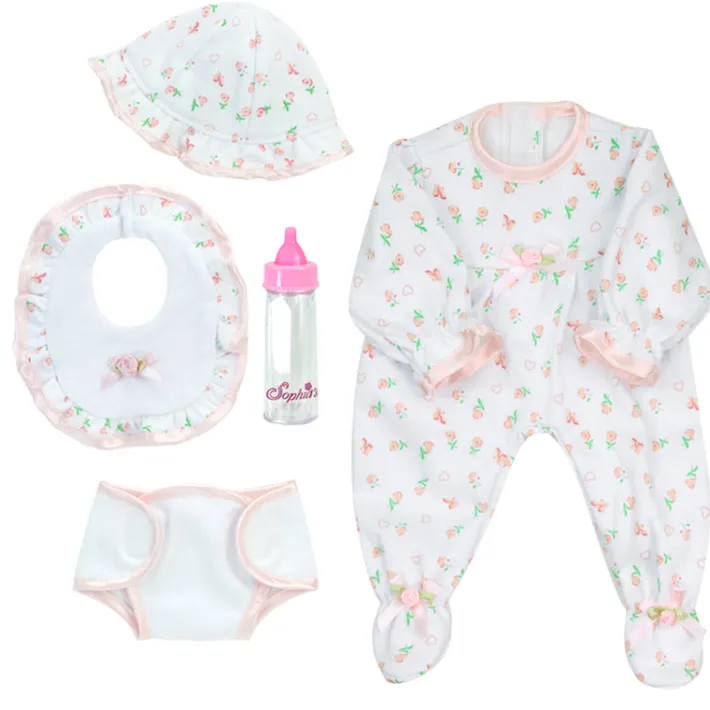Kids Teamson Sophia's 5-Piece Floral Print Outfit and Bottle for 15'' Baby Dolls, White/Pink