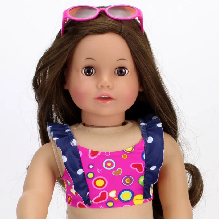 Kids Teamson Sophia's 2-Piece Hot Pink Print Swimsuit with Navy Ruffled Trim for 18" Dolls- FINAL SALE