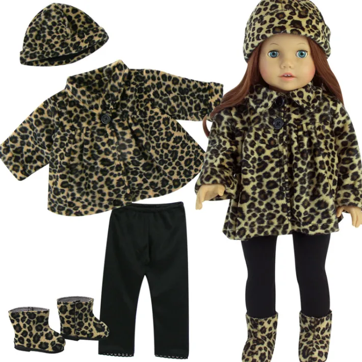 Kids Teamson Sophia’s 4-Piece Leopard Print Coat, Hat, and Boots with Black Leggings for 18" Dolls, Multi