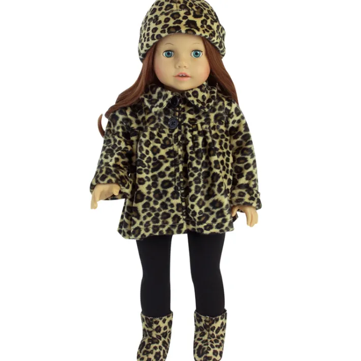 Kids Teamson Sophia’s 4-Piece Leopard Print Coat, Hat, and Boots with Black Leggings for 18" Dolls, Multi