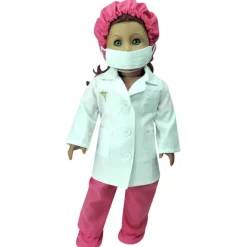 Kids Teamson Sophia's 6-Piece Medical Uniform with Scrubs, Lab Jacket, Face Mask, Hair Cover and Booties for 18" Dolls, White/Hot Pink- FINAL SALE