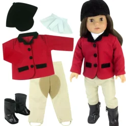 Kids Teamson Sophia's 5-Piece Riding Outfit with Red Riding Jacket, Tan Riding Pants, Black Boots and Riding Cap with White Scarf for 18" Dolls