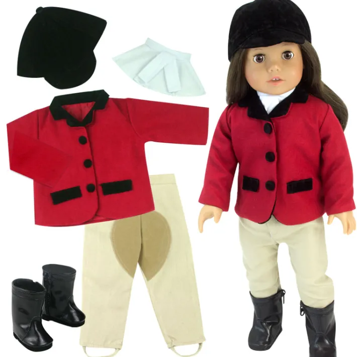 Kids Teamson Sophia's 5-Piece Riding Outfit with Red Riding Jacket, Tan Riding Pants, Black Boots and Riding Cap with White Scarf for 18" Dolls