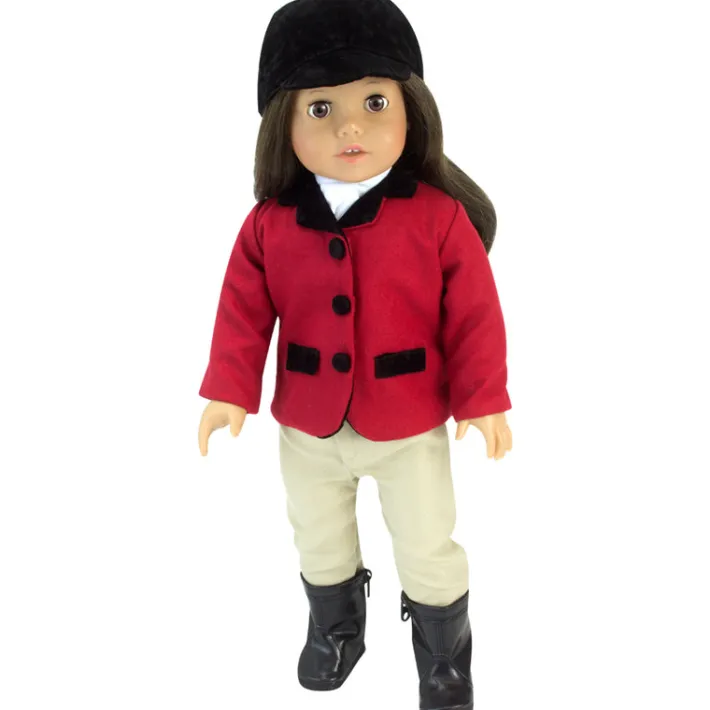 Kids Teamson Sophia's 5-Piece Riding Outfit with Red Riding Jacket, Tan Riding Pants, Black Boots and Riding Cap with White Scarf for 18" Dolls