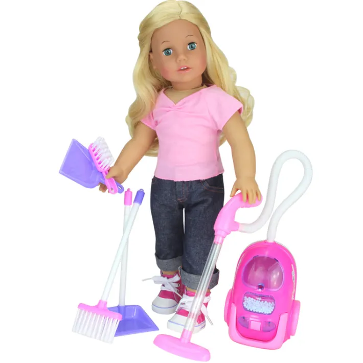 Kids Teamson Sophia's 5-Piece Vacuum Cleaner Set with Brooms and Dustpans for 18" Dolls, Pink/Purple