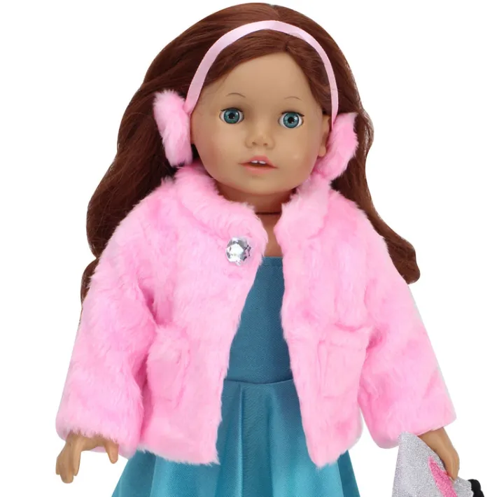 Kids Teamson Sophia’s Pink Faux Fur Coat and Earmuff Headband Set for 18" Dolls, Pink