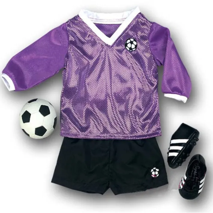 Kids Teamson Sophia’s Purple Long-Sleeved V-Neck Jersey, Black Shorts, and Ball for 18” Dolls