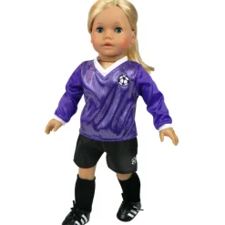 Kids Teamson Sophia’s Purple Long-Sleeved V-Neck Jersey, Black Shorts, and Ball for 18” Dolls