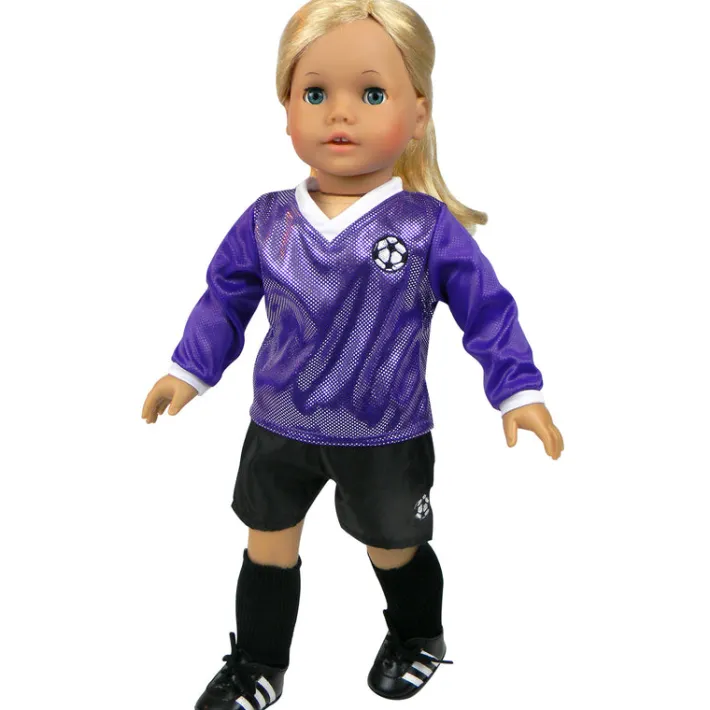 Kids Teamson Sophia’s Purple Long-Sleeved V-Neck Jersey, Black Shorts, and Ball for 18” Dolls