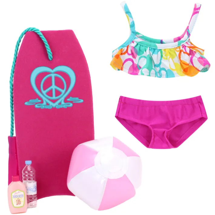 Kids Teamson Sophia’s Ruffle Bikini, Boogie Board, Beach Ball, Lotion and Water Bottle for 18" Dolls, Multi