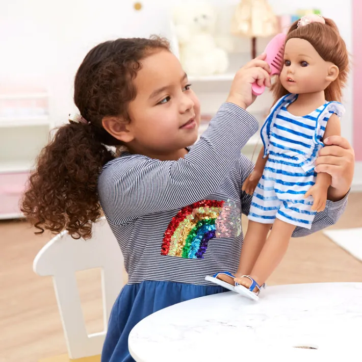 Kids Teamson Sophia's Striped Ruffled Romper and Sandals for 18" Dolls, Blue/White- FINAL SALE