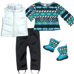 Kids Teamson Sophia’s Teal & Black Ikat Print Sweater and Matching Boots, Black Leggings, and Puffy White Vest