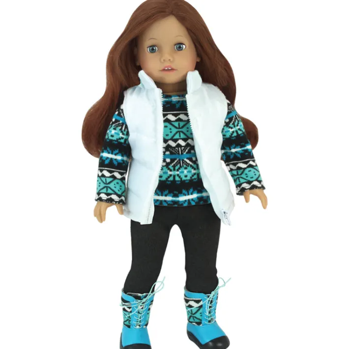Kids Teamson Sophia’s Teal & Black Ikat Print Sweater and Matching Boots, Black Leggings, and Puffy White Vest
