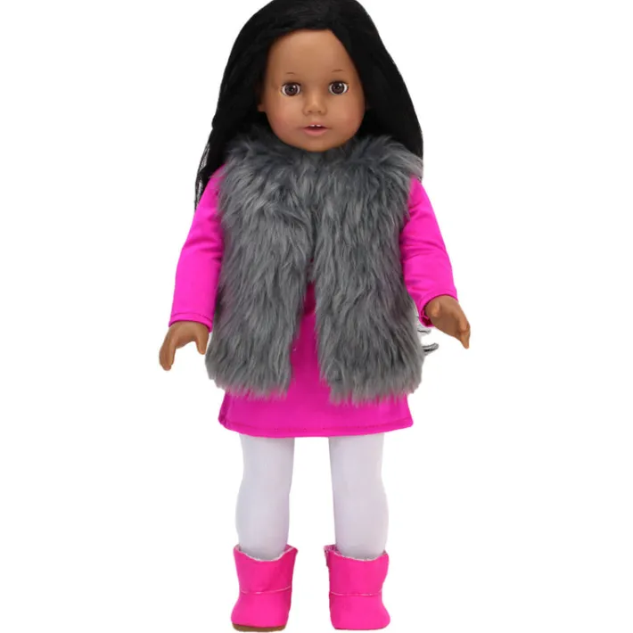Kids Teamson Sophia's Tunic Dress, Shaggy Faux Fur Vest, Leggings, and Booties for 18"Dolls, Hot Pink/Silver/White- FINAL SALE