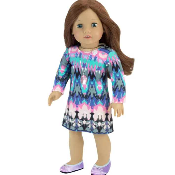 Kids Teamson Sophia’s Watercolor Ikat Print Jersey Dress with Pink Rhinestone Pendant for 18” Dolls, Multi